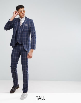 Harry Brown - TALL - Blårutig windowpane-kostym i smal passform 
