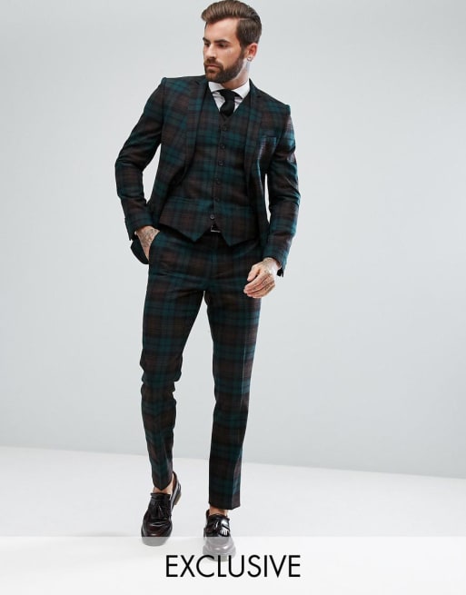 Heart & Dagger — Zielony, dopasowany garnitur w kratę tartan 