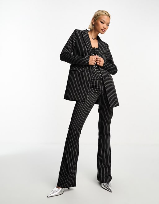 Women's black and cheap white striped pants suit