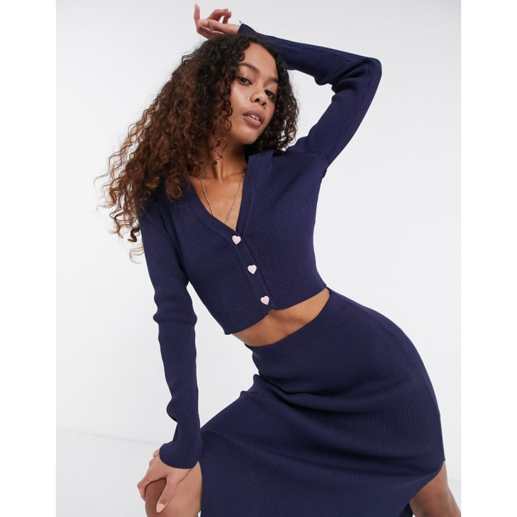 Heartbreak knitted skirt top co ord with heart buttons in navy ASOS