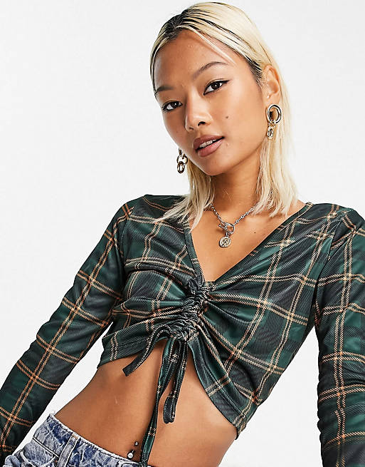 Heartbreak ruched front crop top and wide leg trousers co-ord in green check