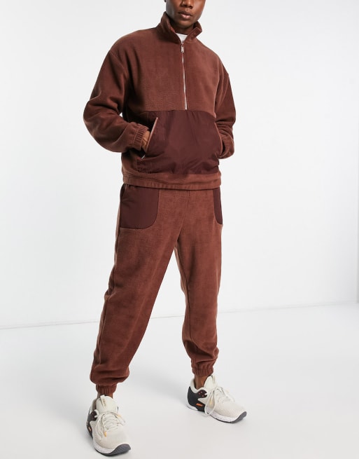 HIIT fleece woven panels 1/4 zip top and jogger in brown