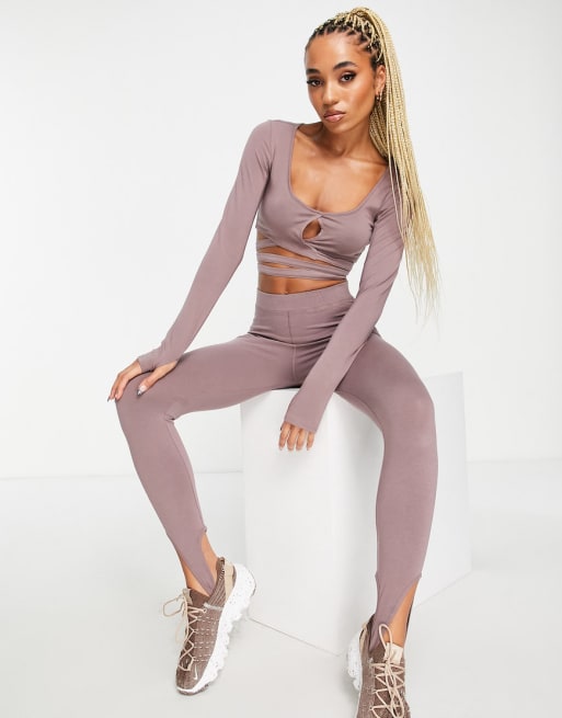 HIIT mink tie detail leggings and crop top in tan ASOS