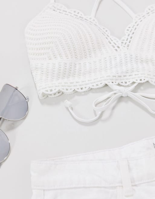 Hollister - Bikini avce haut long triangle et bas au crochet - Blanc