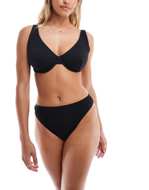 Hollister co-ord curvery high waist bikini bottom and top in black - view 1