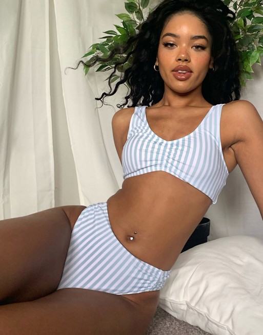 Hollister co-ord rouched front bikini top and bottoms set in stripe