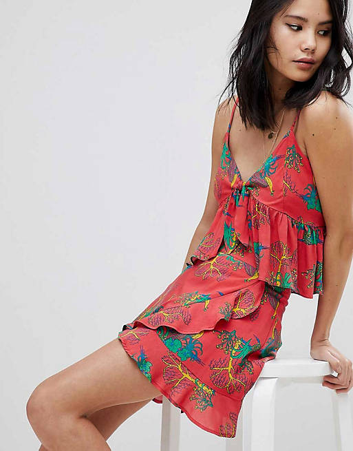 Honey Punch Tie Front CamiTop & Mini Skirt In Tropical Print Two-Piece 
