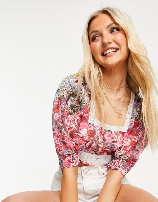Hope & Ivy - Ensemble avec crop top à encolure carrée et jupe longue à finitions dentelle et imprimé fleuri