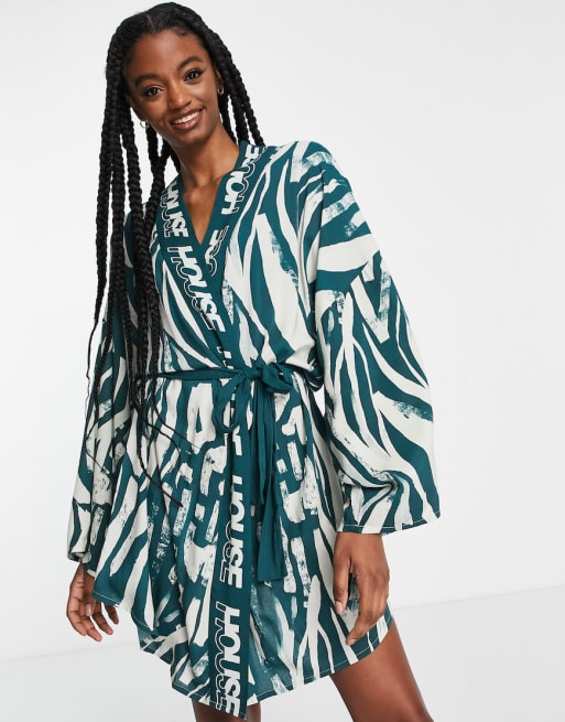 House of Holland short pyjama and robe set in dark blue and cream ASOS