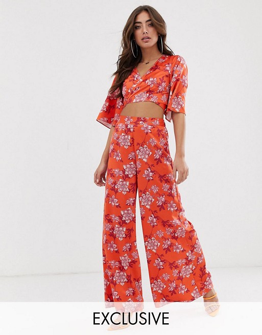 House of Stars wrap top with kimono sleeve and wide leg trouser in floral co-ord