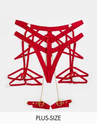 Hunkemoller Curve Minx strapping and bow detail lingerie set in red