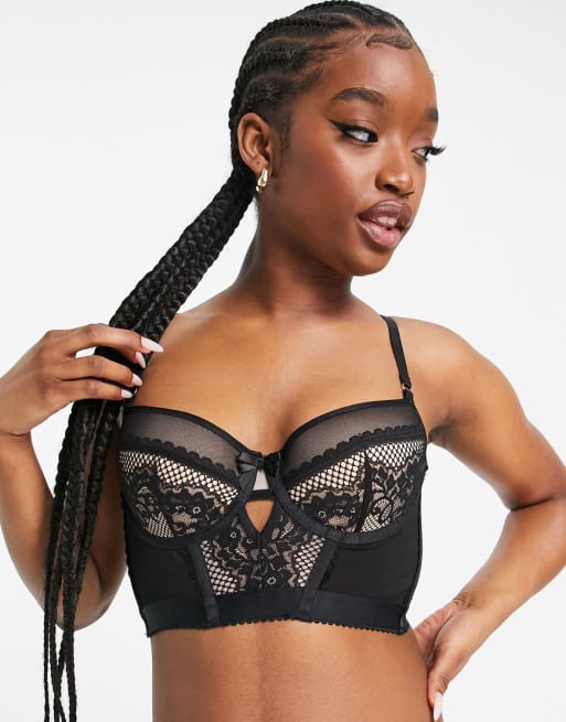 Hunkemoller Malika padded longline mesh and lace bralet  in black