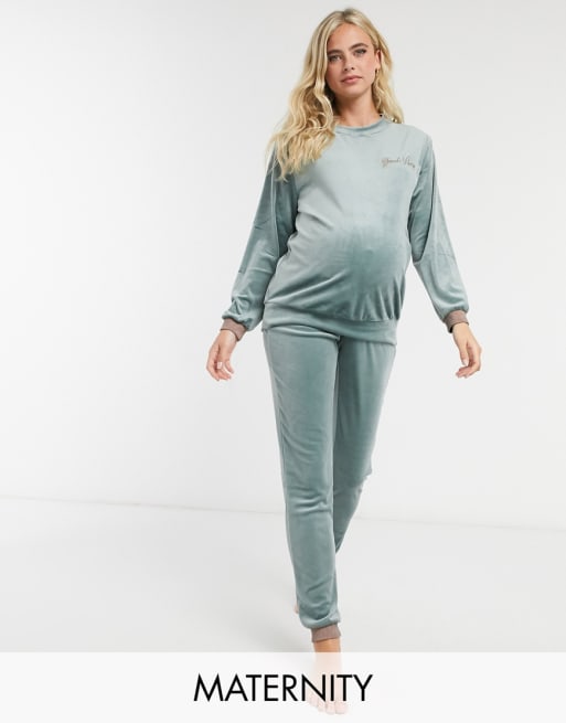 Hunkemoller - Maternity - Loungewear-sæt med stribet kant i grønt velour