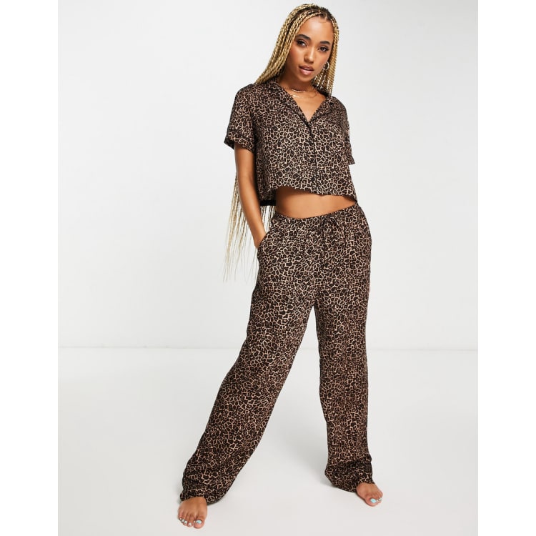 GORGLITTER Damespyjama, luipaardpatroon, pyjama, korte mouwen, shirt met pyjamabroek, nachtkleding, huispak, tweedelige loungewear-set, zwart, M