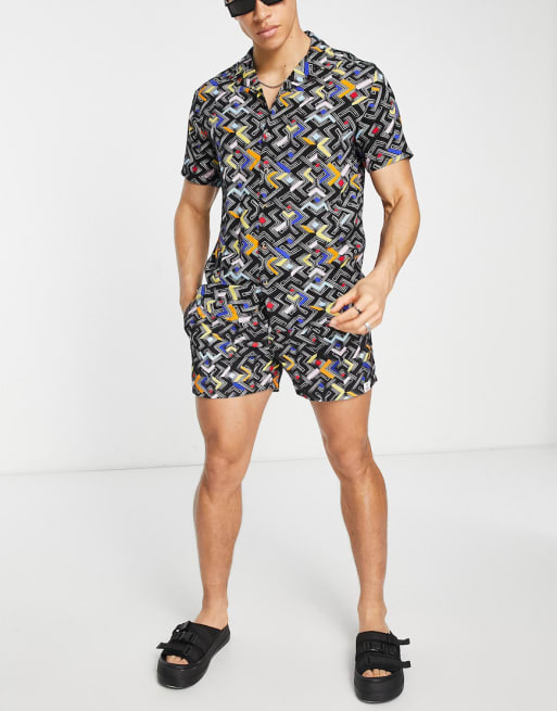 Hunky Trunks beach shirt and shorts in black geo print | ASOS