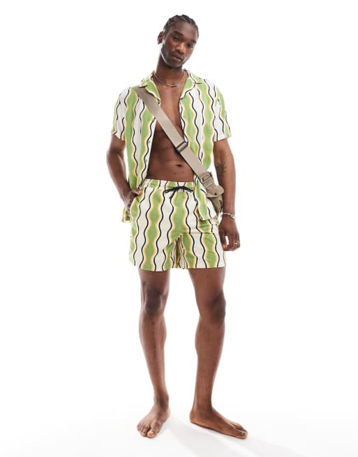 Hunky Trunks - Ensemble de plage à rayures ondulées - Vert et blanc