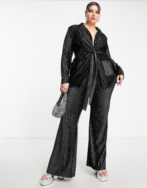 I Saw It First Plus stripe velvet blazer and pant set in black