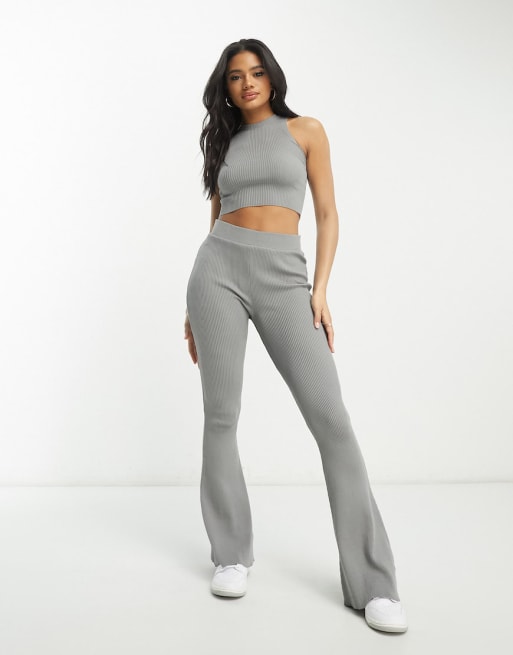 I Saw It First seamless ribbed racer crop top and flared trousers co-ord in grey