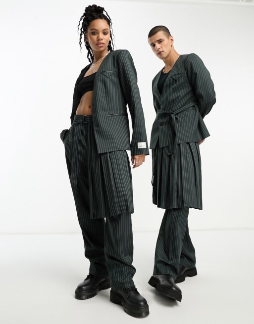 IIQUAL unisex belted blazer & skirt trousers co-ord in navy & green pinstripe