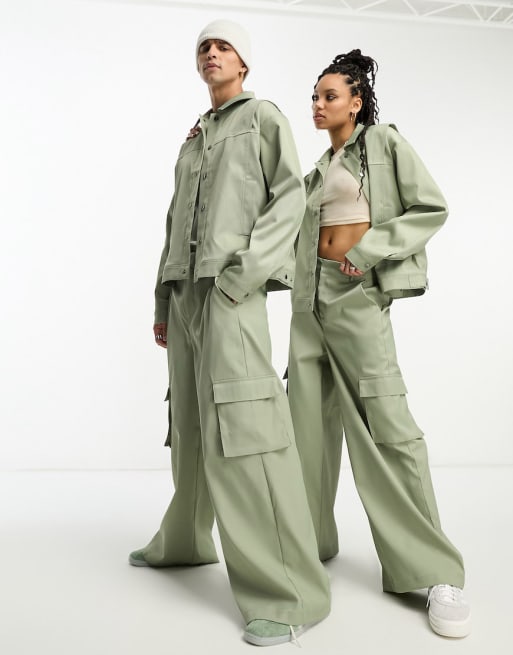 IIQUAL unisex utility jacket wide leg cargo trousers co ord in sage