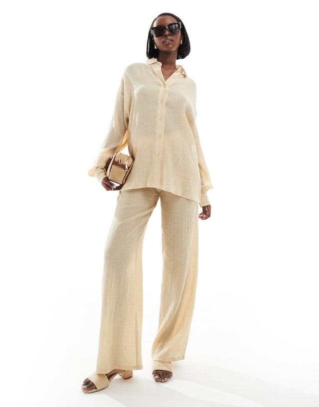 In The Style - crinkle long sleeve shirt and wide leg trousers co-ord in beige