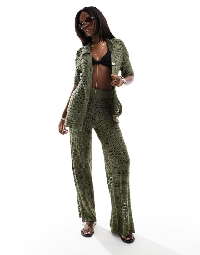 In The Style - crochet button through shirt  and wide leg trouser co-ord in olive