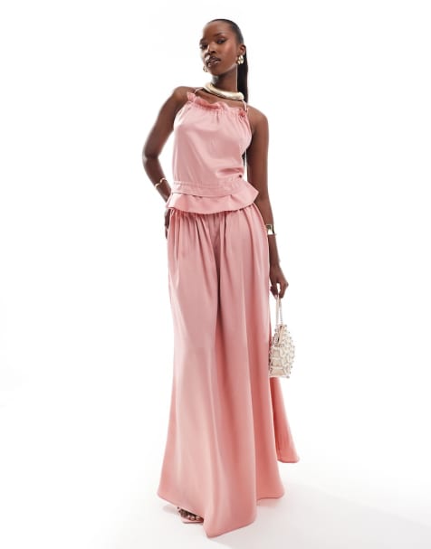 In The Style exclusive satin halterneck top and maxi skirt co-ord in rose pink - view 1