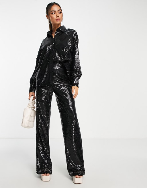In The Style – Mit Pailletten besetztes, schwarzes Set bestehend aus Hemd und Hose