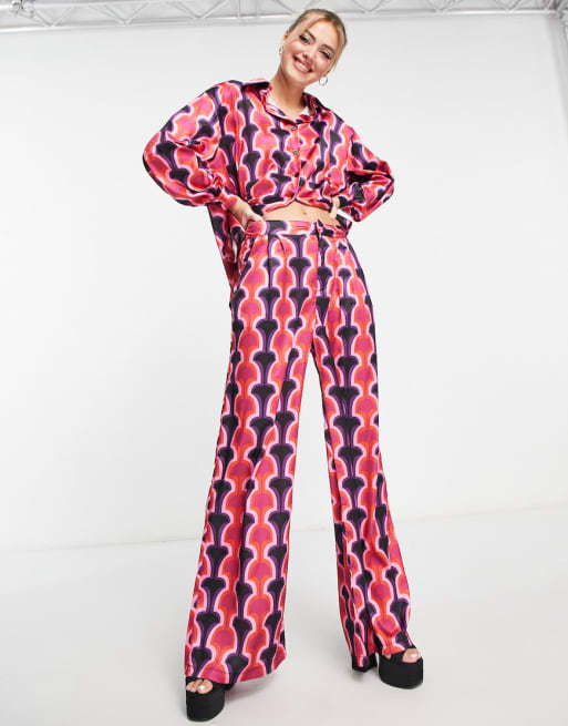 In The Style oversized shirt and flared trouser co-ord in pink geo ...