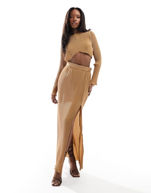 In The Style plisse crop top and maxi skirt co-ord in coffee