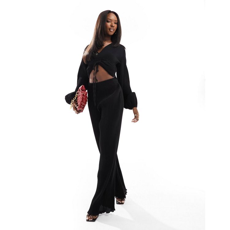 In The Style Plus x Liberty slinky wide leg trouser co-ord in black
