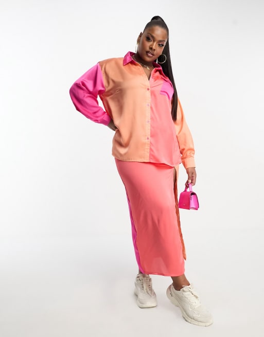 In The Style Plus - Coordinato con camicia e gonna in raso multicolore a contrasto