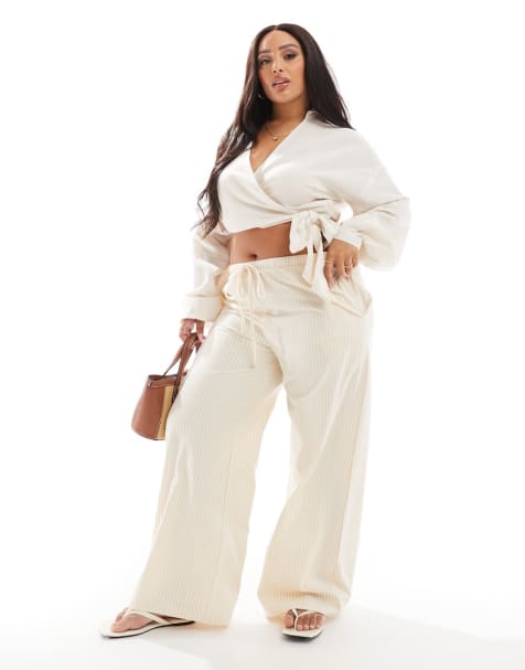In The Style Plus linen look tie detail top and midi skirt co-ord in stone - view 1