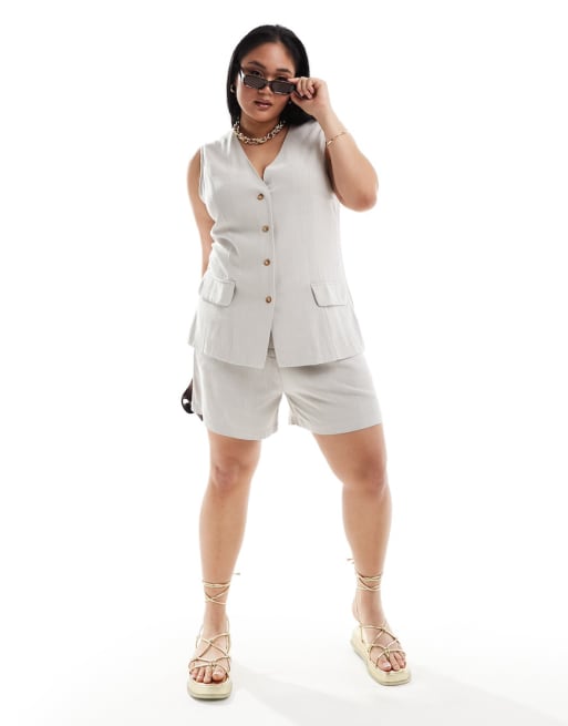 In The Style Plus linen look waistcoat and shorts set in stone