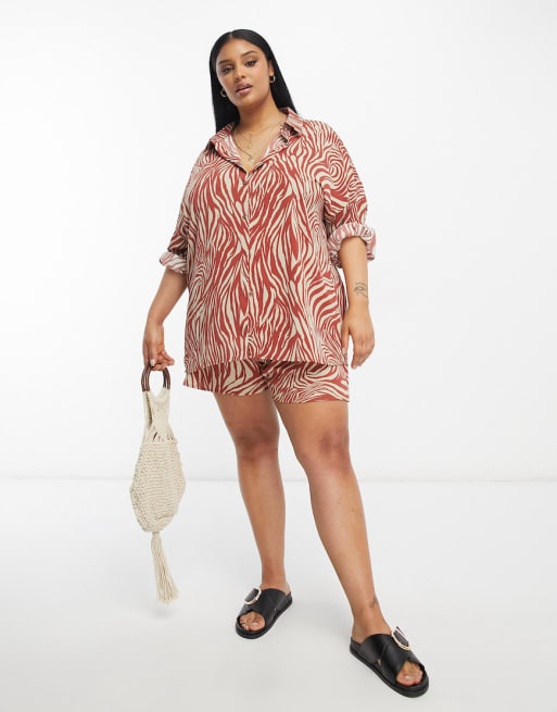 In The Style Plus satin oversized beach shirt and shorts co-ord in zebra