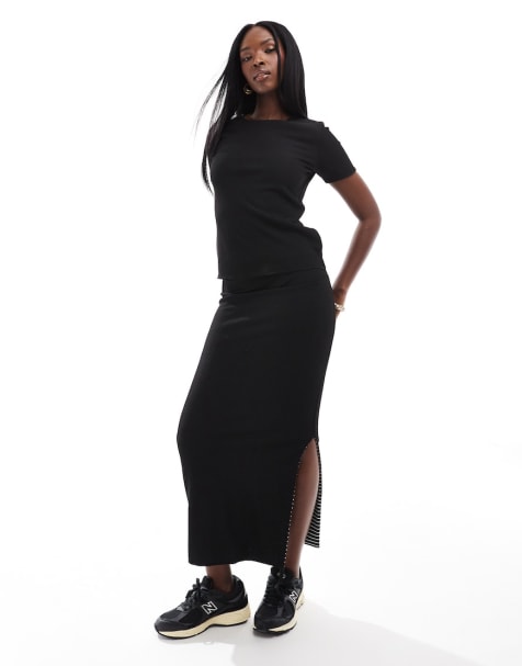 In The Style reversible t-shirt and midi skirt co-ord in black stripe - view 1