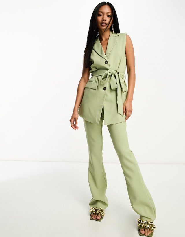 In The Style - sleeveless tie waist blazer and flared trouser co-ord in sage