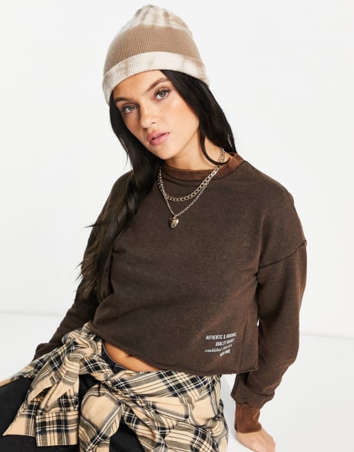 Influence acid wash sweater and trackies set in chocolate brown