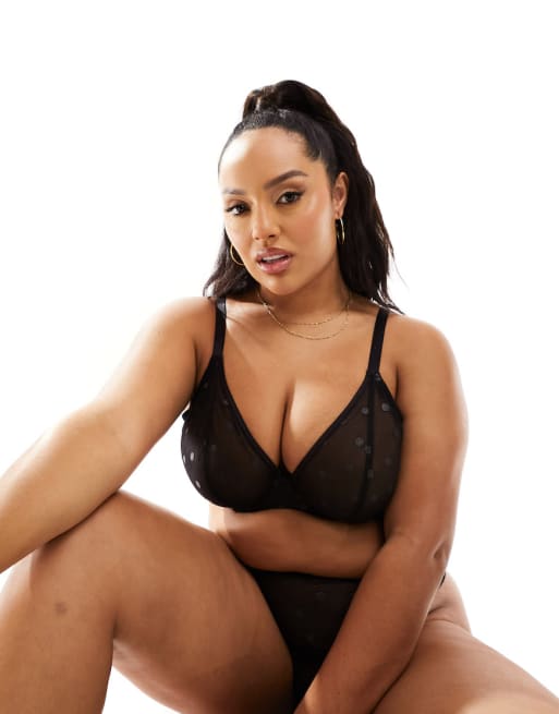 Ivory Rose – Größere Brust – Lingerie-Set aus transparentem Netzstoff in gepunktetem Schwarz