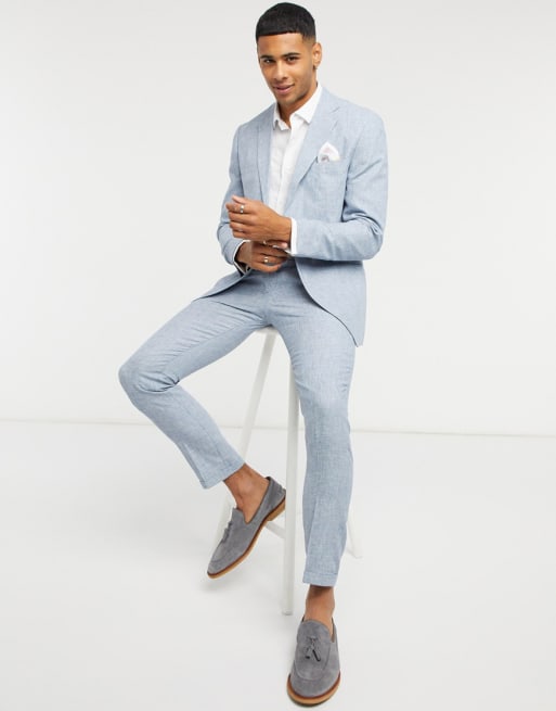 Jack & Jones Premium slim fit linen suit jacket in light blue