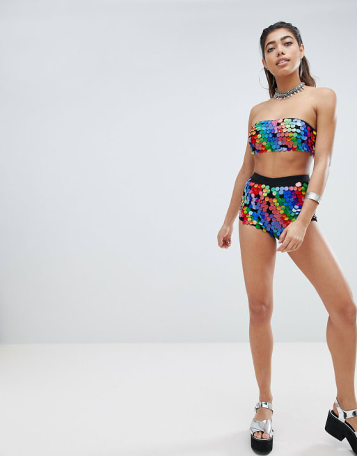 Jaded London - Festival combi-set van bandeau & short in regenboogkleurige lovertjes 