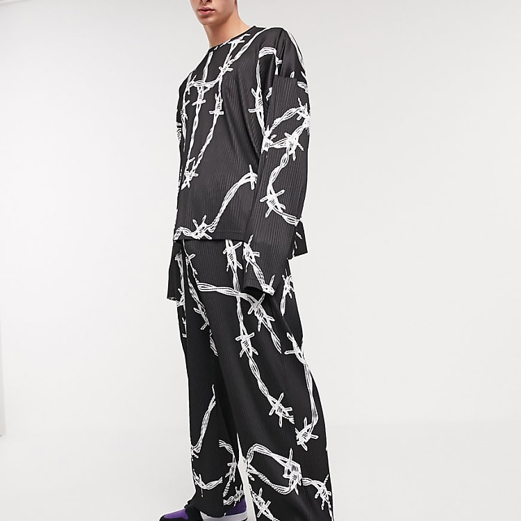 Jaded London plisse co-ord with barbed wire print in black Jaded London plisse co-ord with barbed wire print in black
