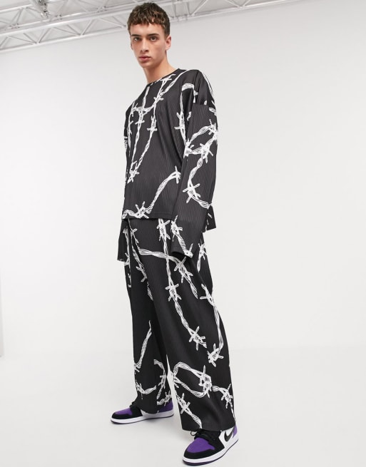 Jaded London – Plissiertes, schwarzes Set mit Barbed Wire-Print