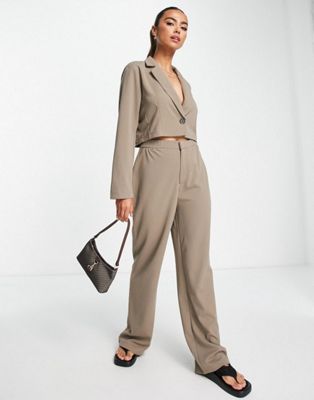 JDY cropped blazer and wide leg trouser in brown