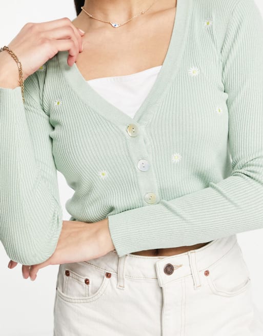 JDY daisy embroidered cami top & cardigan in pale green ASOS