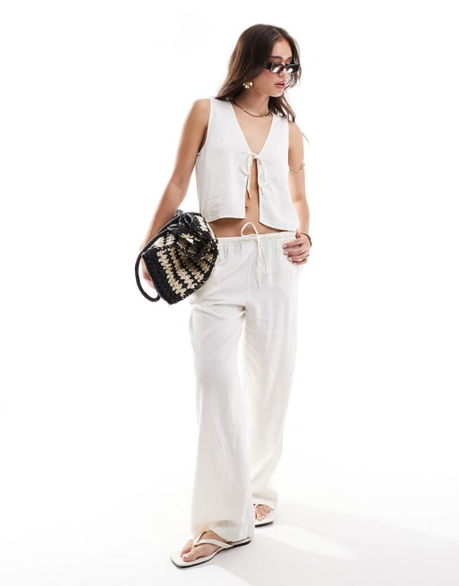 JDY - Ensemble gilet de tailleur et pantalon noués sur le devant - Blanc