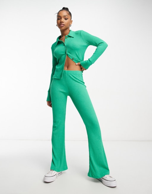 JDY soft ribbed polo shirt and pants set in bright green | ASOS