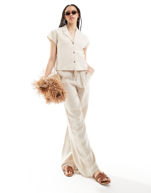 JDY Tall - Coordinato con camicia comoda e pantaloni ampi in misto lino beige