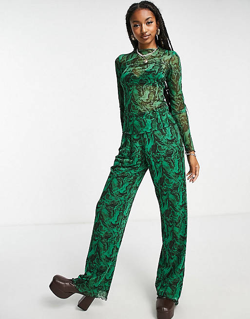 JJXX mesh top and wide leg pants set in green graphic print