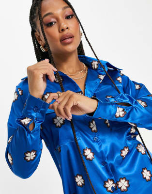 John Zack exclusive oversized pyjama style shirt and wide leg trouser co-ord in 